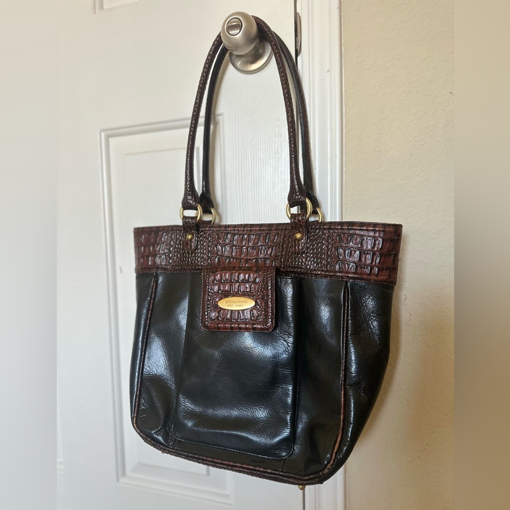 Vintage Brahmin Tuscan Tri-Texture Black Brown Leather Tote with Gold Hardware